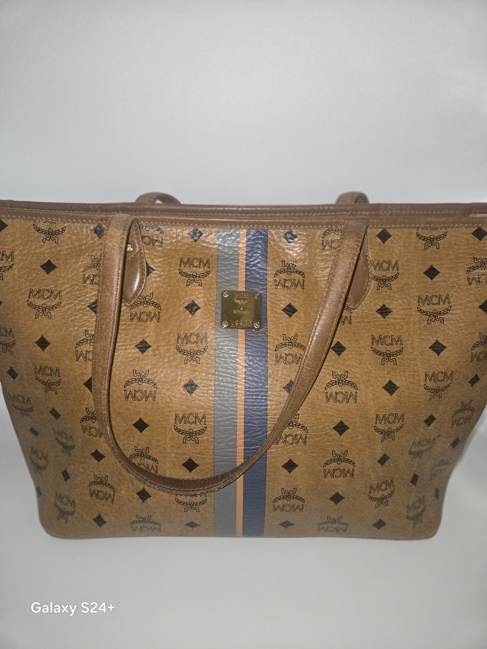 MCM Cognac Visetos Striped Shopper Tote Bag